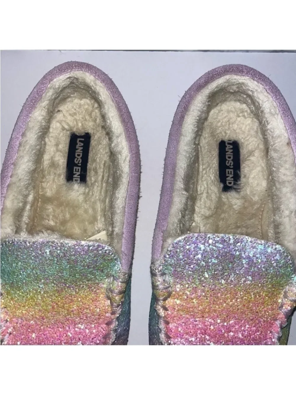 Lands' End Girls' Pastel Rainbow Glitter Moccasin Slippers - Lavender Size 3